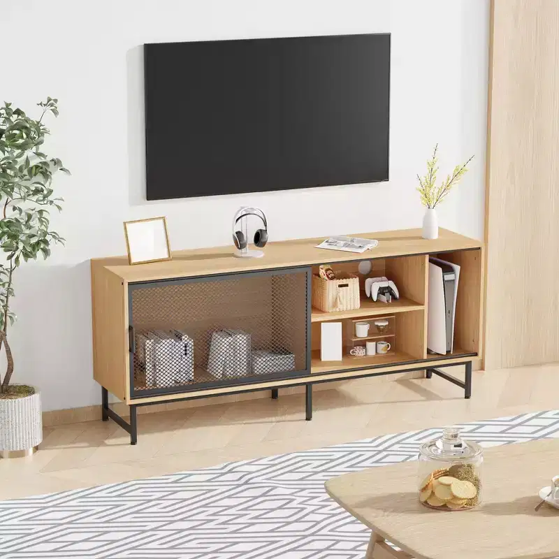 Modern TV Stand for TVs up to 65, 63'' Wooden Entertainment Center with Metal Mesh Sliding Door, Media Console Table for Living Room Bedroom