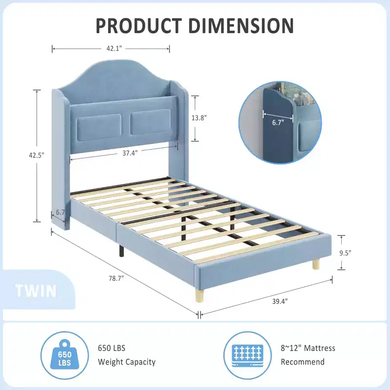 Twin Bed Frame with Storage Headboard and LED Lights, Upholstered Velvet Platform Bed for Kids, No Box Spring Needed, Sturdy Metal & Wood Frame