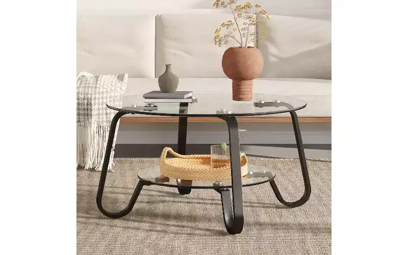 TUYOHW Vintage Glass-Top Coffee Table with Metal Frame, Versatile Center Table for Living Room, Minimalist Double-layer Tea Table