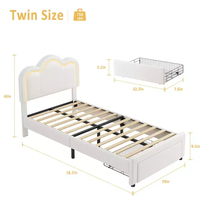 COZONY Kids Platform Bed with LED Neon Lights  Mountain-Shaped Upholstered Headboard for Boys & Girls Bedroom, Modern Childrens Furniture, White