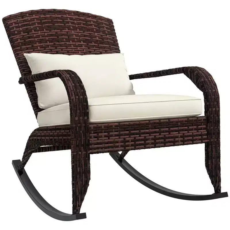 Outsunny Outdoor Wicker Adirondack Rocking Chair, Patio Rattan Rocker Chair with High Back, Seat Cushion and Pillow for Porch, Balcony