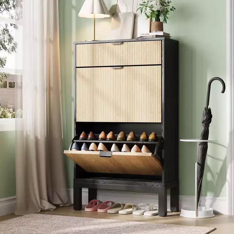 Shoe Storage Cabinet with 2 Flip Drawers Farmhouse Shoe Organizer with Metal Legs, Narrow Shoe Rack for Entryway, Foyer, Hallway