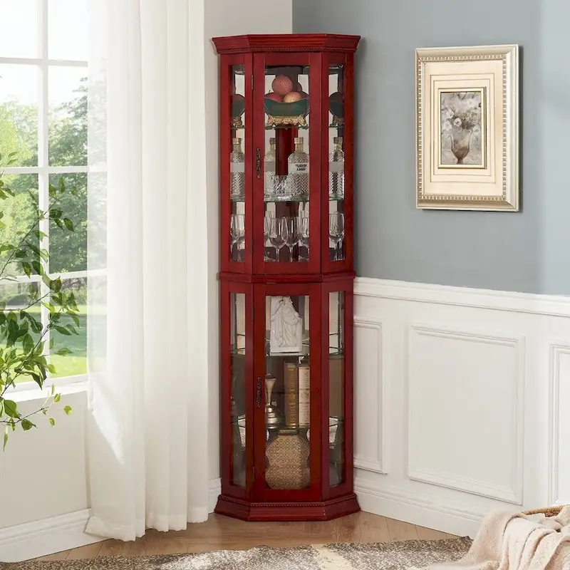 Cherry/Oak Corner Curio Cabinet – Lighted Glass Display, 2-Person Accessible