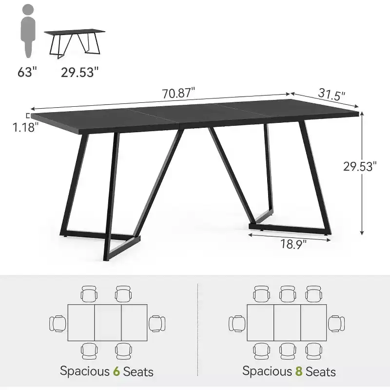 Lantine 70.86-Inch Conference Table for 8, Black Rectangular Meeting Table with Metal Base, Modern 5.9 ft Boardroom Table for Conference Room