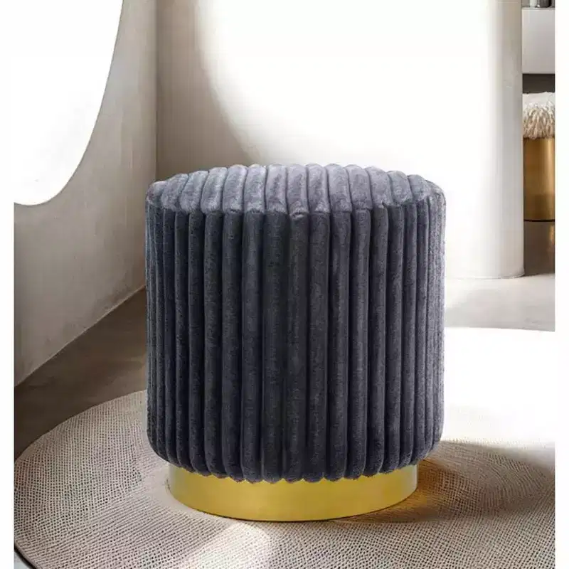TUYOHW 16 Round Accent Stool,Fur-Like Fabric Tufted Ottoman with Gold Stainless Steel Base,Channel-Tufted Pouf for Living Room,Bedroom,Gray