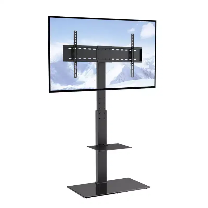 Height Adjustable Swivel Floor TV Stand for 32-85 Inch TVs with Tempered Glass Base - Black