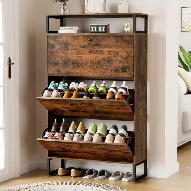 GARPROVM Mid-Century Wood Shoe Cabinet with 3 Flip Doors & Removable Shelves Entryway Shoe Storage