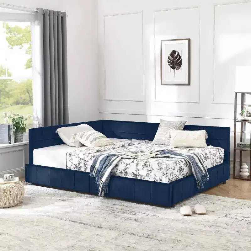 MAYEERTY Full Size Storage Upholstered Tufted Bed Frame with Backrest and Armrests for Bedroom Living Room Dark Blue