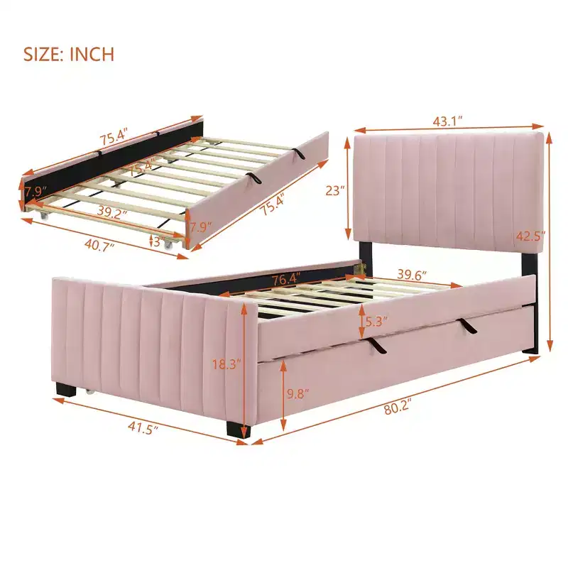 Bellemave Twin Bed Frame with Trundle Bed,Velvet Upholstered Bed Frame,Upholstered Platform Bed Twin for Kids Teens Adults Pink
