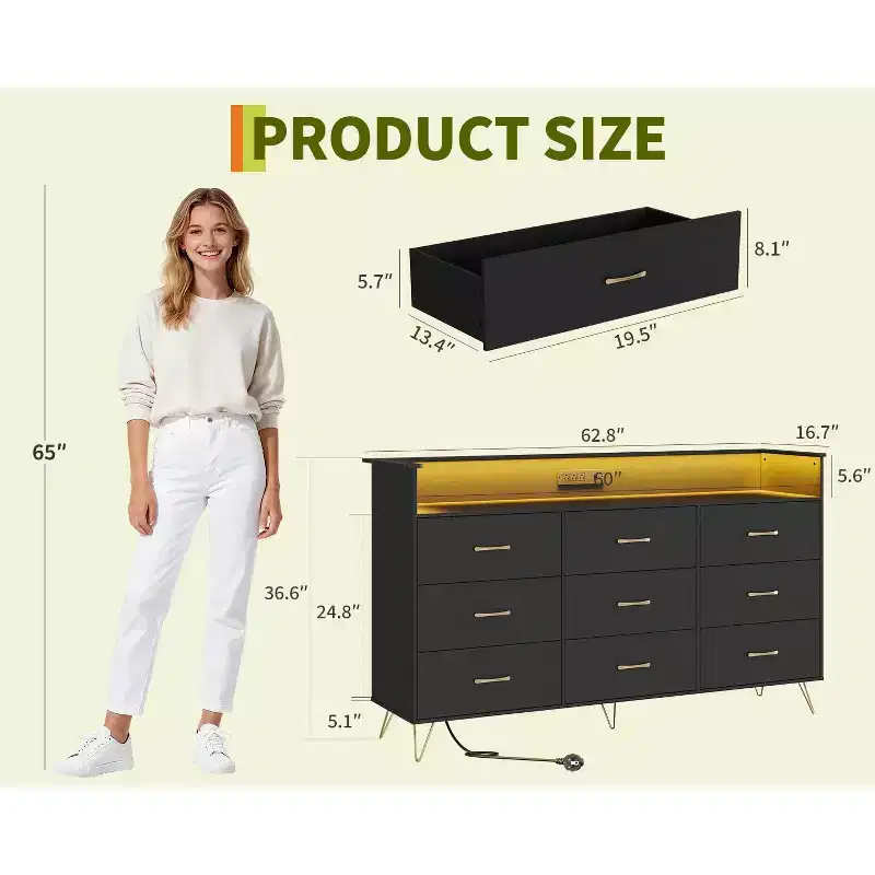 62.8 Modern 9-Drawer Tall Dresser with APP-Controlled Lights & Charging Station (3 Outlets/2 USB), Large Storage Cabinet for Bedroom, Living Room