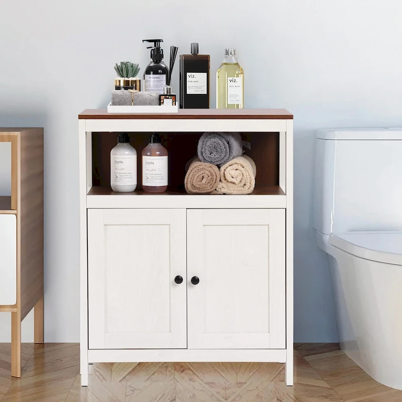 White and Brown Wood 2-Door Bathroom Storage Cabinet - 30.25 H x 23.63 W x 12.4 D