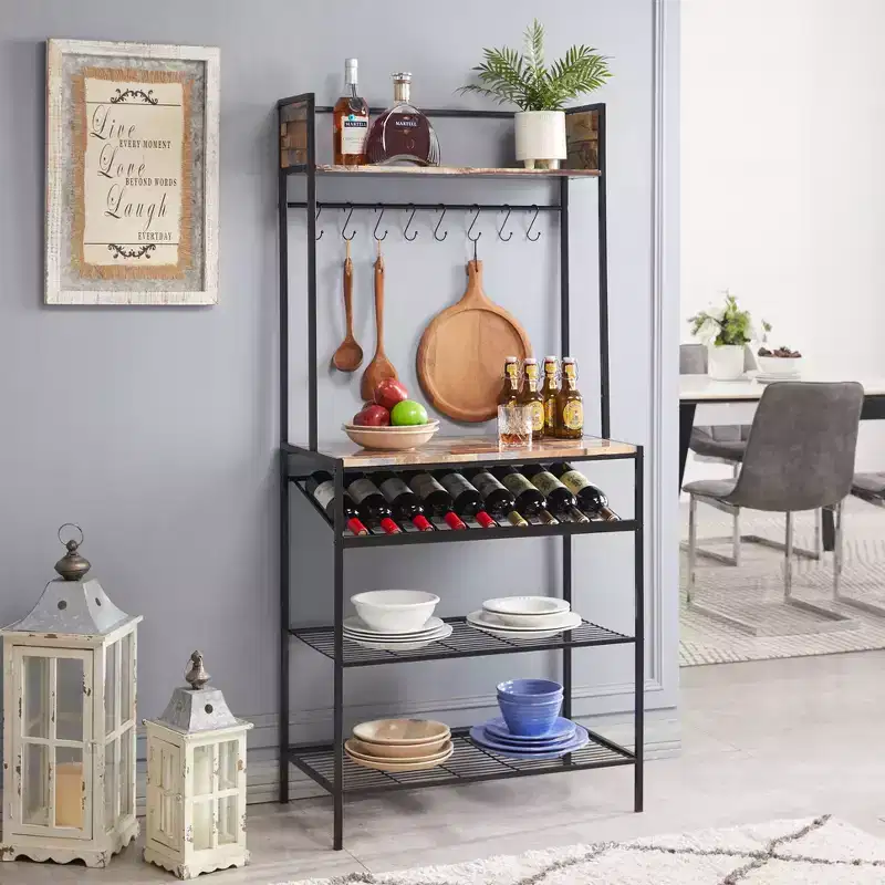 Kings Brand Furniture Lindsay Red Tile Bakers Rack with 9 Wine Bottle Capacity Rack & 8 Hooks - Kitchen Storage Organizer