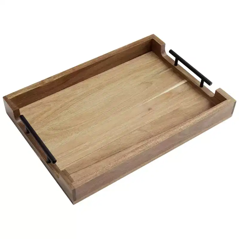 17 Acacia Serving Tray C Wooden Tray with Metal Handles (Brown, for Coffee Table/Bar/Kitchen/Bathroom)