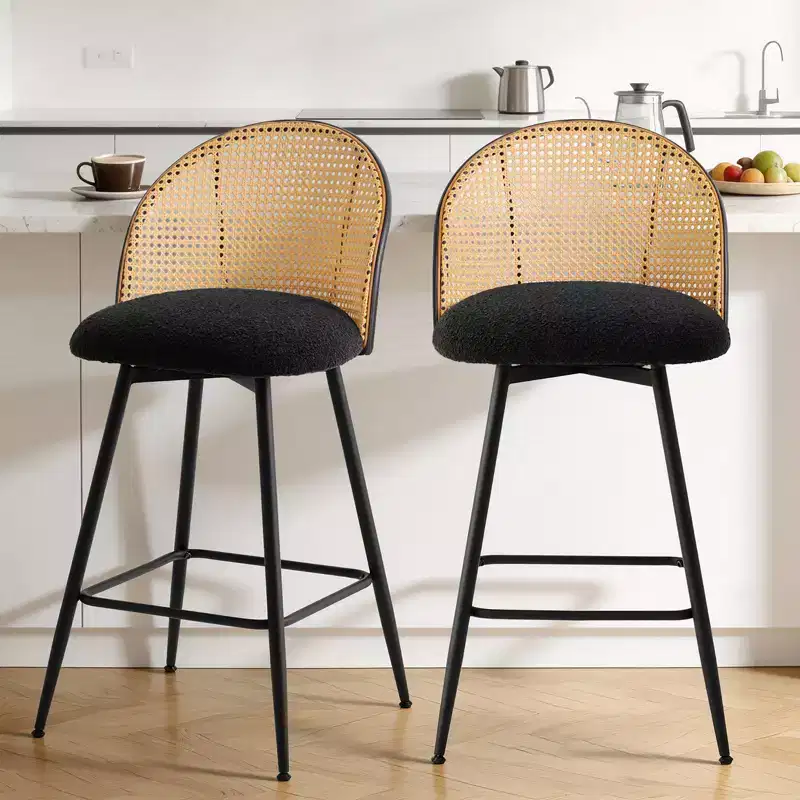 Bekrvio 26 Mid-Century Modern Swivel Bar Stools Set of 2/3/4, Boucle Upholstered Bar Chairs with Rattan Back & Metal Legs for Kitchen Counter