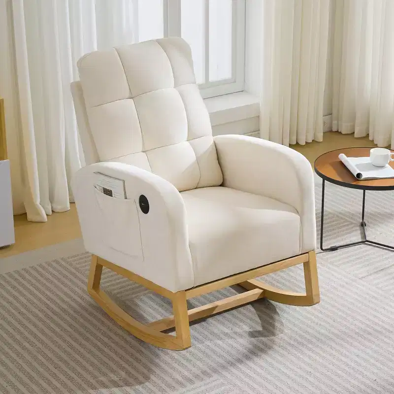 Nursery Rocking Chair with Footrest - Upholstered High Back Glider Rocker, Modern Accent Armchair with Side Pocket&Wood Legs for Bedroom, Living Room