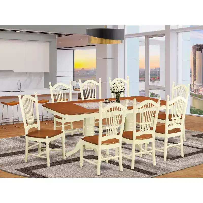 HomeStock 9-Piece Rectangle Buttermilk & Cherry Finish Solid Wood Top Dining Table with 8-Chairs