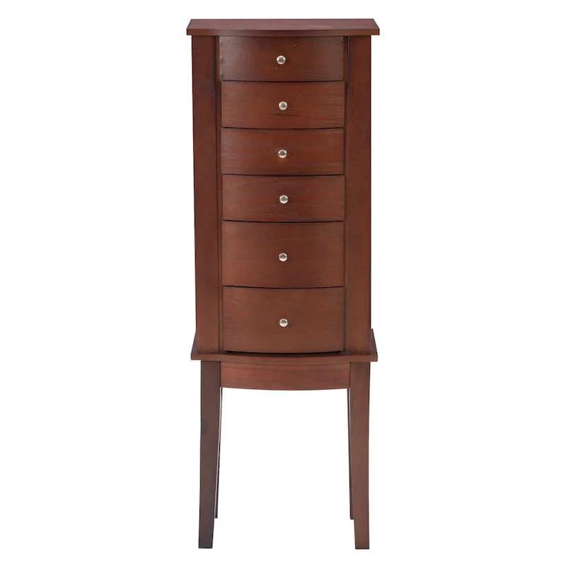 Brown 6-Drawer Jewelry Armoire with Mirror, Freestanding, 1-Person