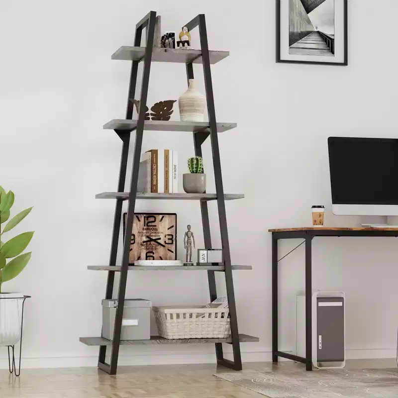 72 Metal Frame Bookshelf, 5-Tier Open Ladder Shelf with Adjustable Shelves, Industrial Bookcase for Home Living Room Bedroom Office Storage