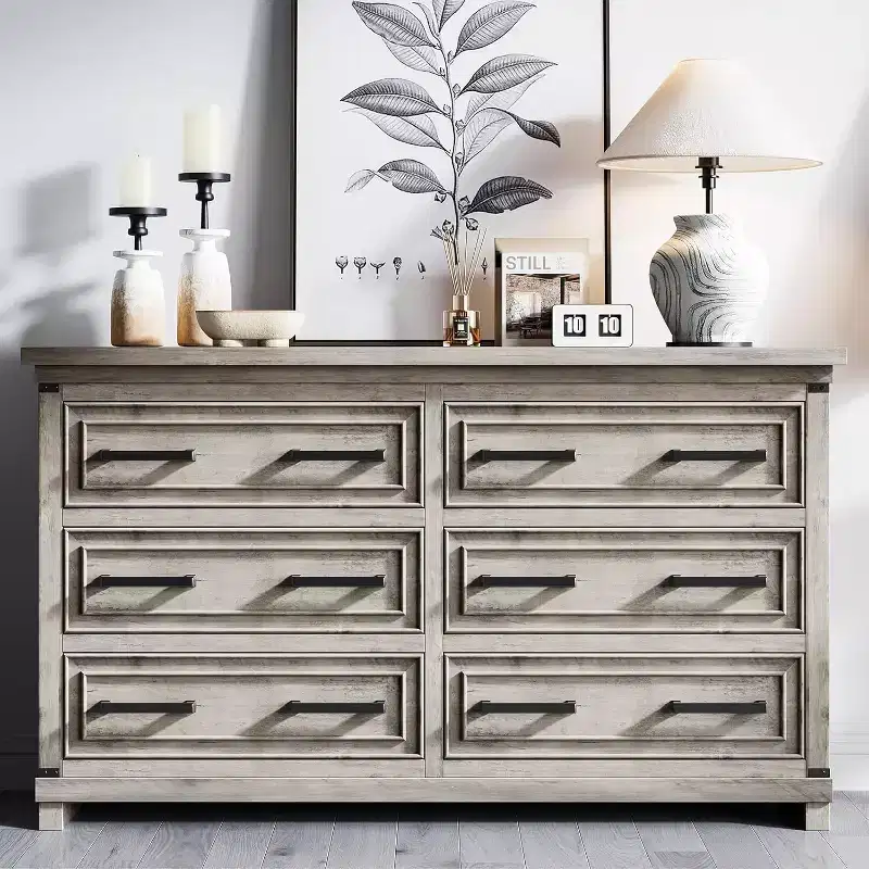 55 Farmhouse Chest of Drawers, 6 Drawer Dresser, with Natural Texture, with Metal Handle, for Living Room, Entryway