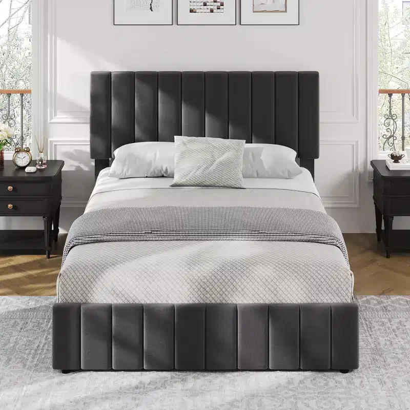 Bed Frame, Platform Bed with 4 Storage Drawers - Adjustable Headboard, Wooden Slats Support, No Box Spring Needed
