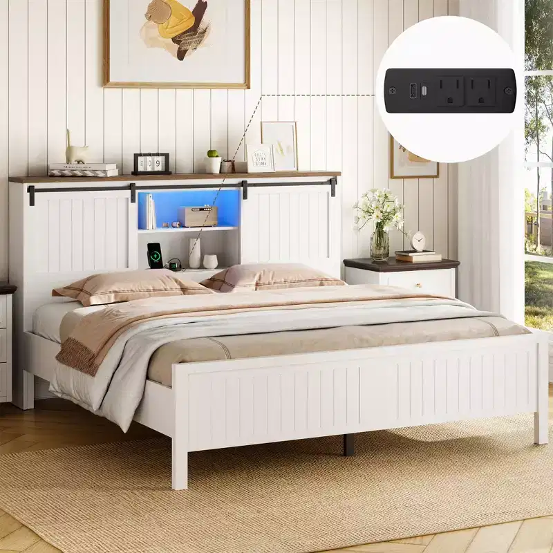 Bed Frame Upholstered with Storage, Metal Frame with Wood Lath Support, No Box Spring Needed, Easy Assembly