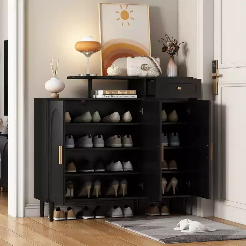 Elegant Shoe Cabinet with Arched Doors and Drawer, Storage Sideboard with Adjustable Shelves and Solid Wood Legs 4B - ModernLuxe