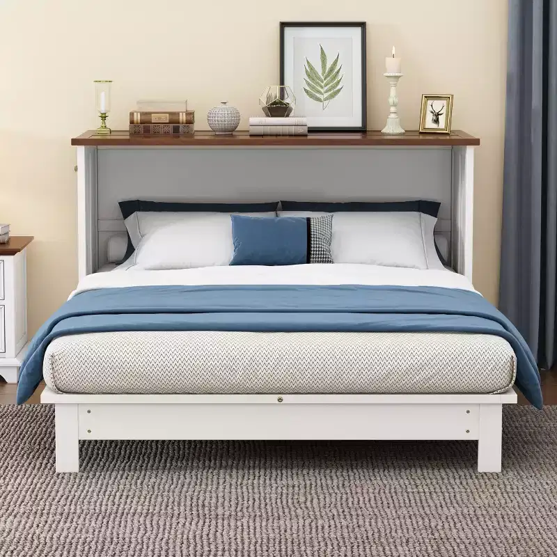 Full/Queen Size Murphy Bed with Large Storage Drawer, Wooden Cabinet Bed Wall Bed with Charging Station, Folding Wall Chest Bed for Small Space