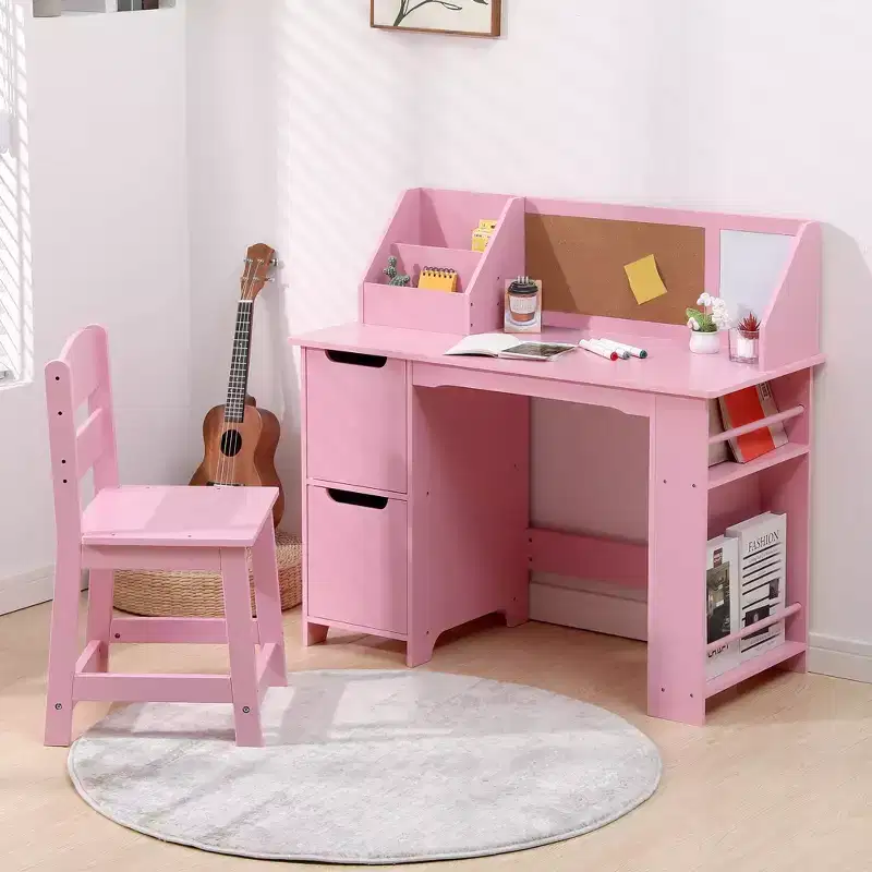 Study Desk and Chair, Learning Desk for Kids - Features Bookshelf, Bulletin Board, Cabinets - Perfect for Children Ages 3-8