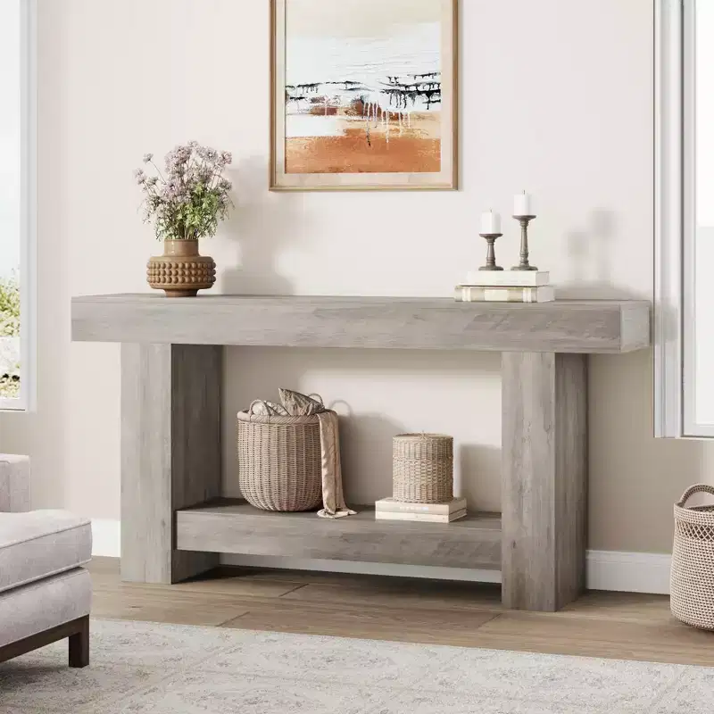 Farmhouse Console Table, 2-Tier Wood Sofa Table Behind Couch Narrow Entryway Accent Table for Entrance, Hallway, Living Room, Foyer