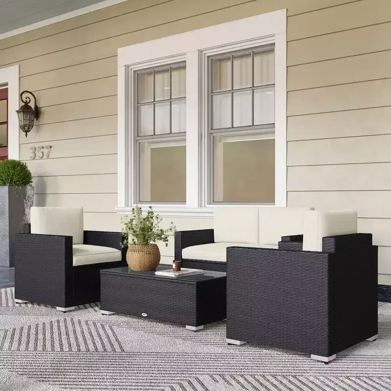 4 Pieces Rattan Sofa Set Wicker Patio Sofa Set with Loveseat Chairs Glass Top Coffee Table for Garden Outdoor