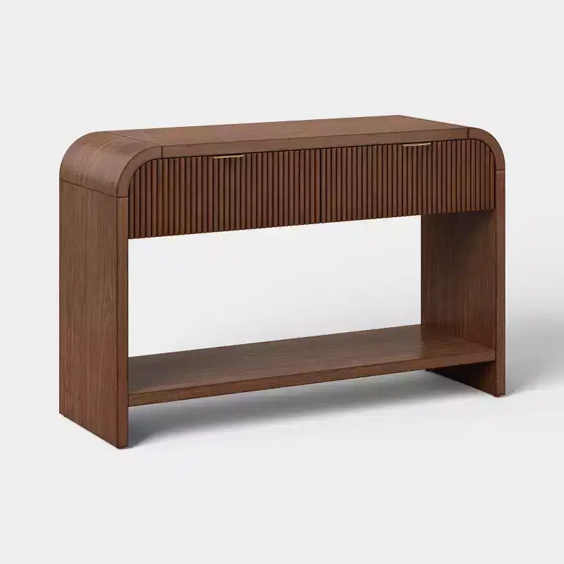 Reeded Console Table, 2 Drawers, Gold Handles, Bottom Shelf, Dark Brown Wood Veneer, 30.25