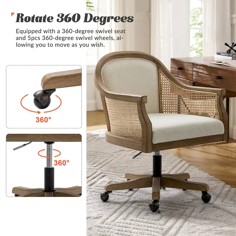 Danilo Farmhouse 360 Degree Swivel Height Adjustable Rattan Desk Chair with RubberWood by HULALA HOME