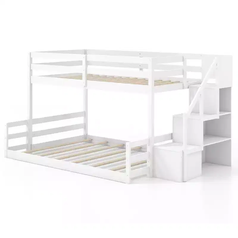 Costway Twin Over Full Low Bunk Bed w/ Storage Stairs w/ Full-length Guardrails