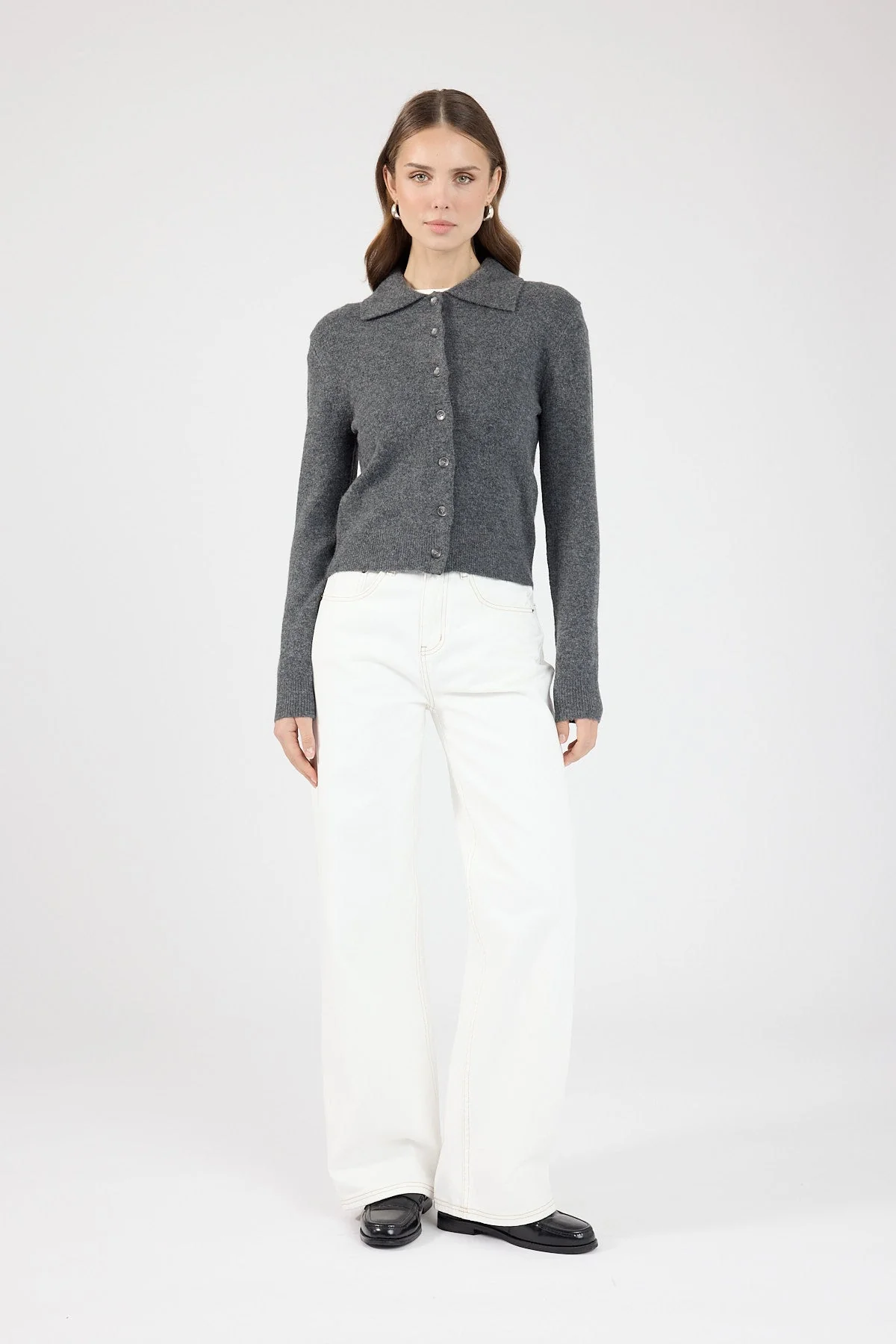 Collared Knit Cardigan Charcoal