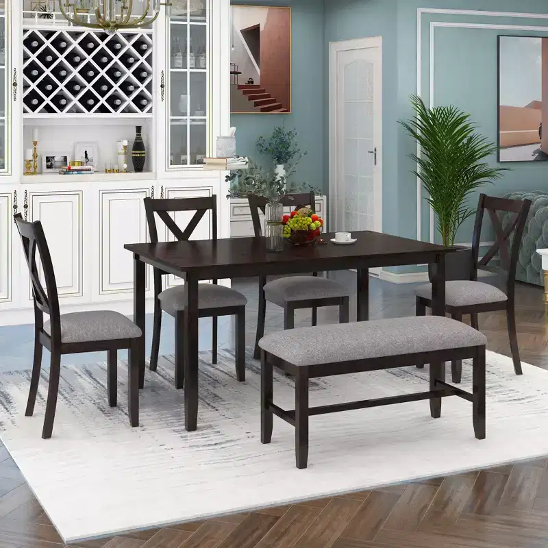 Whisen 6-Piece Wooden Rectangular Kitchen Dining Table Set with 4 Fabric Chairs and Bench