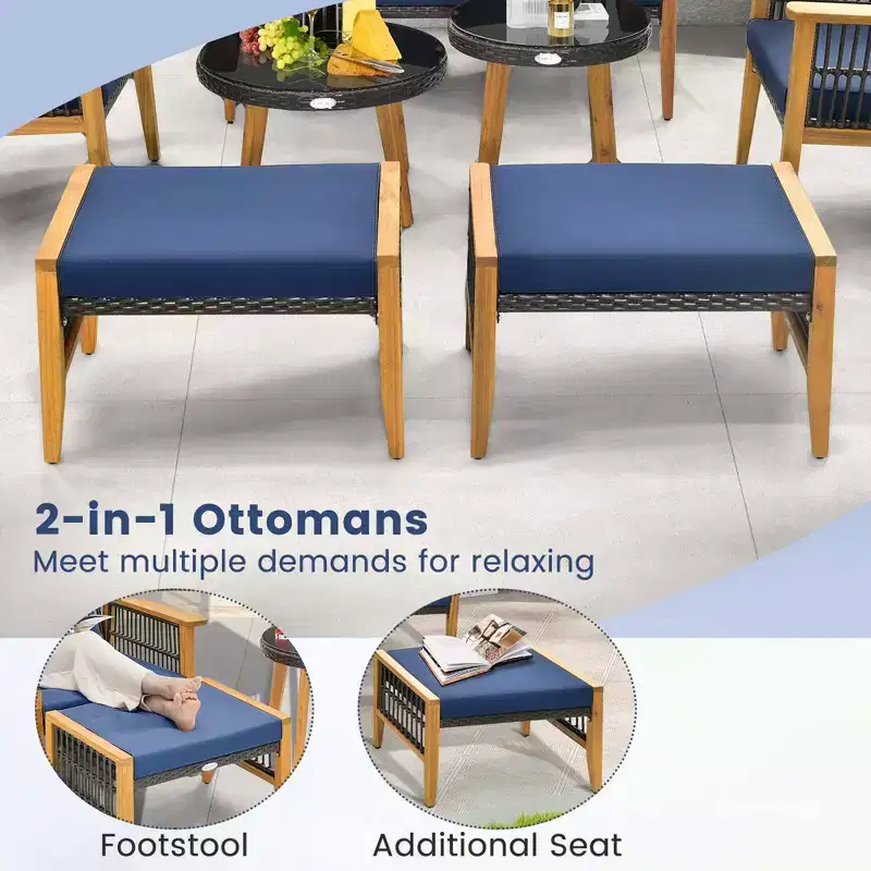 Costway 5 Pcs Patio Acacia Wood Wicker Woven Furniture Set with Coffee Table & 2 Ottomans Navy/Beige