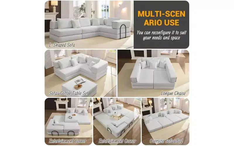 MooxvMoo 118.2 Modular L-Shaped Sectional Sofa Set, 118.2 Inch Oversized Couch with 6 Pillows, Upholstered Floor Sofa, Beige White