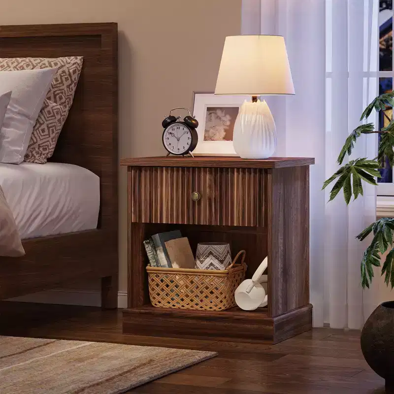 Mid Century Modern Fluted Bedside Table with Drawer  Space-Saving Bedside Table with Storage, Ideal for Bedroom or Living Room