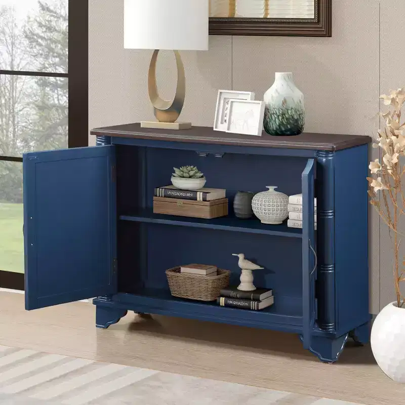 Light Espresso / Navy Blue 2-Door Sideboard Cabinet – Pine, 40 in.