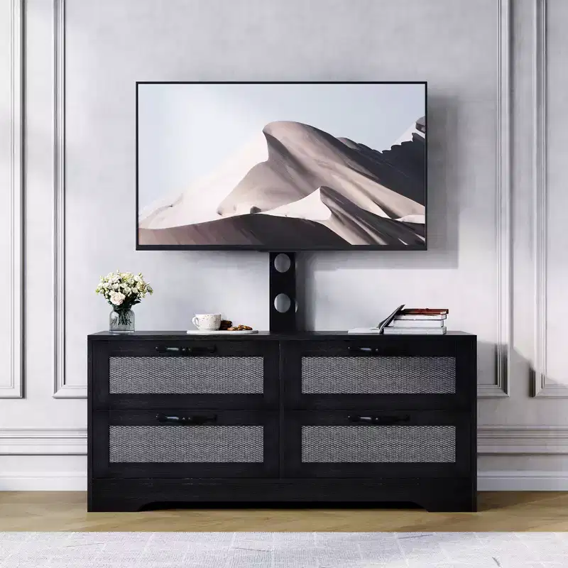 Farmhouse Style Dresser TV Stand for TVs up to 70''  4 Drawers, Rattan Doors, Wooden Storage Cabinet, Media Console for Bedroom or Living Room