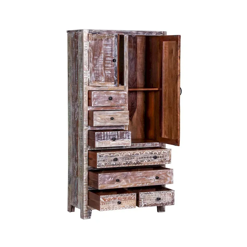 Antique White / Brown Solid Wood Armoire with 7 Drawers & 2 Doors