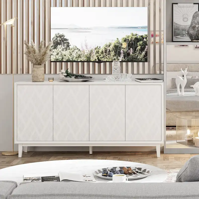 Modern 4-Door Cabinet with 3D Curved Motif, Push Latch, TV Stand & Sideboard Buffet