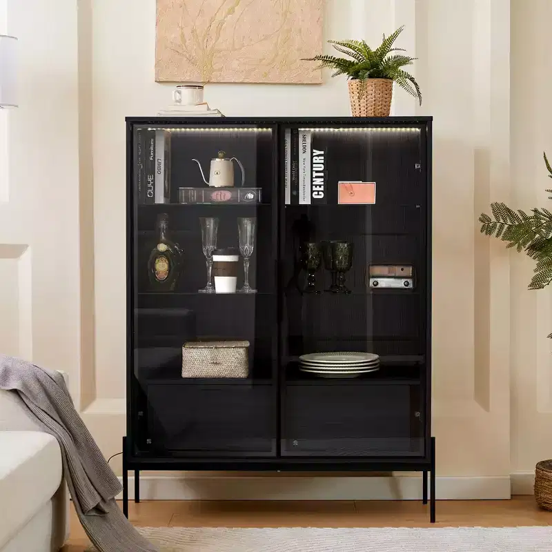 Okak Freestanding Sideboard Pantry Cabinet with Glass Door & LED, 4-Tier Display Curio Cabinet with 2 Drawers for Living Room Kitchen