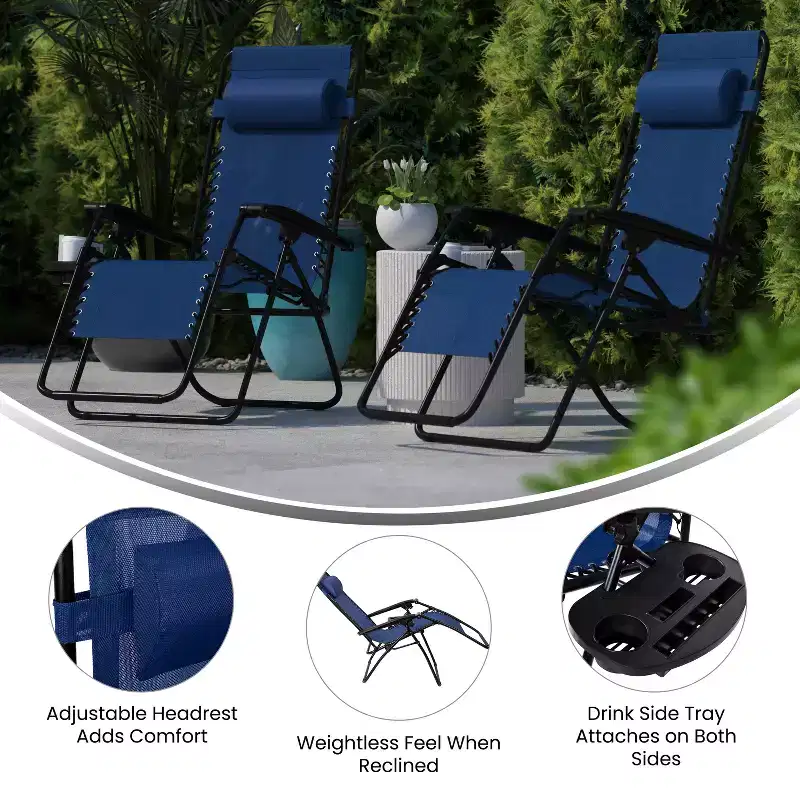 Flash Furniture Adjustable Folding Mesh Zero Gravity Reclining Lounge Chair with Pillow and Cup Holder Tray, Set of 2