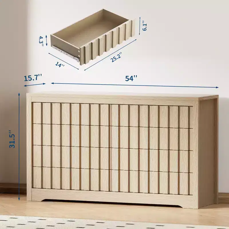Fluted 8-Drawer Modern Wooden Dresser Handleless Chest with Deep Storage for Bedroom, Living Room & Hallway, Natural Oak