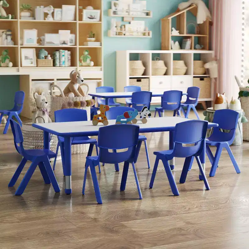 Flash Furniture 23.625W x 47.25L Rectangular Plastic Height Adjustable Activity Table Set with 6 Chairs