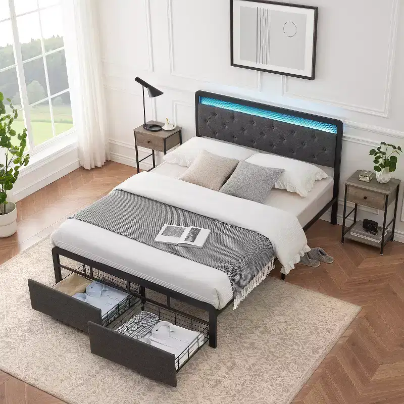 Modern Storage Bed Frame with LED Headboard - Upholstered Platform, Button Tufted, 2 Drawers, Heavy Duty Metal Slats, Noise-Free, Easy Assembly