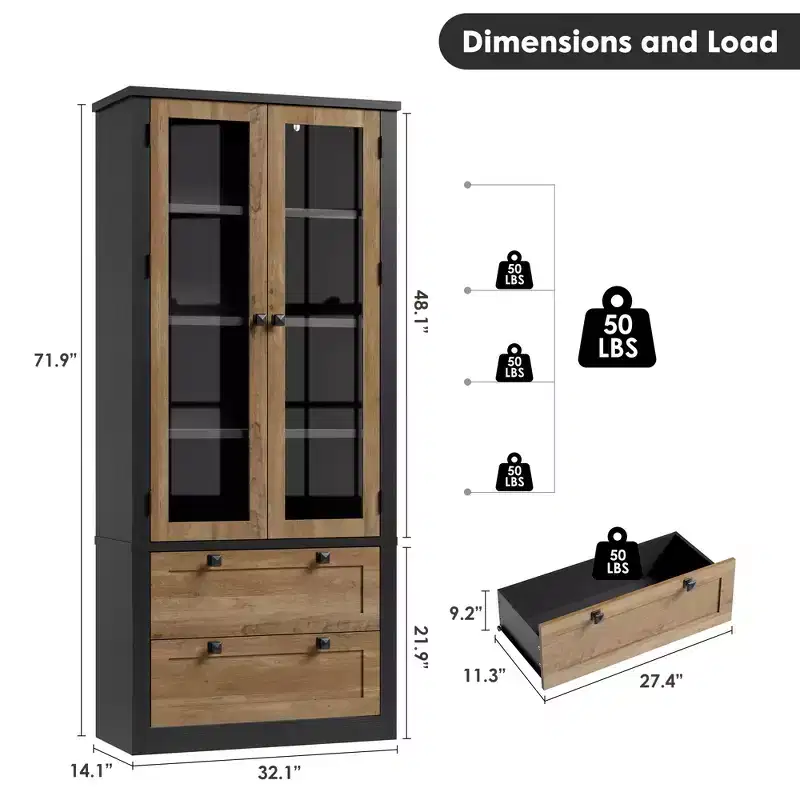 72 Tall Kitchen Pantry Cabinet with 2 Drawers, Farmhouse Kitchen Cupboard with Glass Doors and Adjustable Shelves, for Dining Room