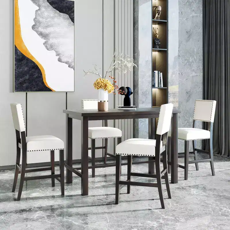 5-Piece Counter Height Dining Table Set Dining Set with Classic Dining Table and 4 Cushioned Dining Chairs, Natural Wood Wash/Espresso-ModernLuxe
