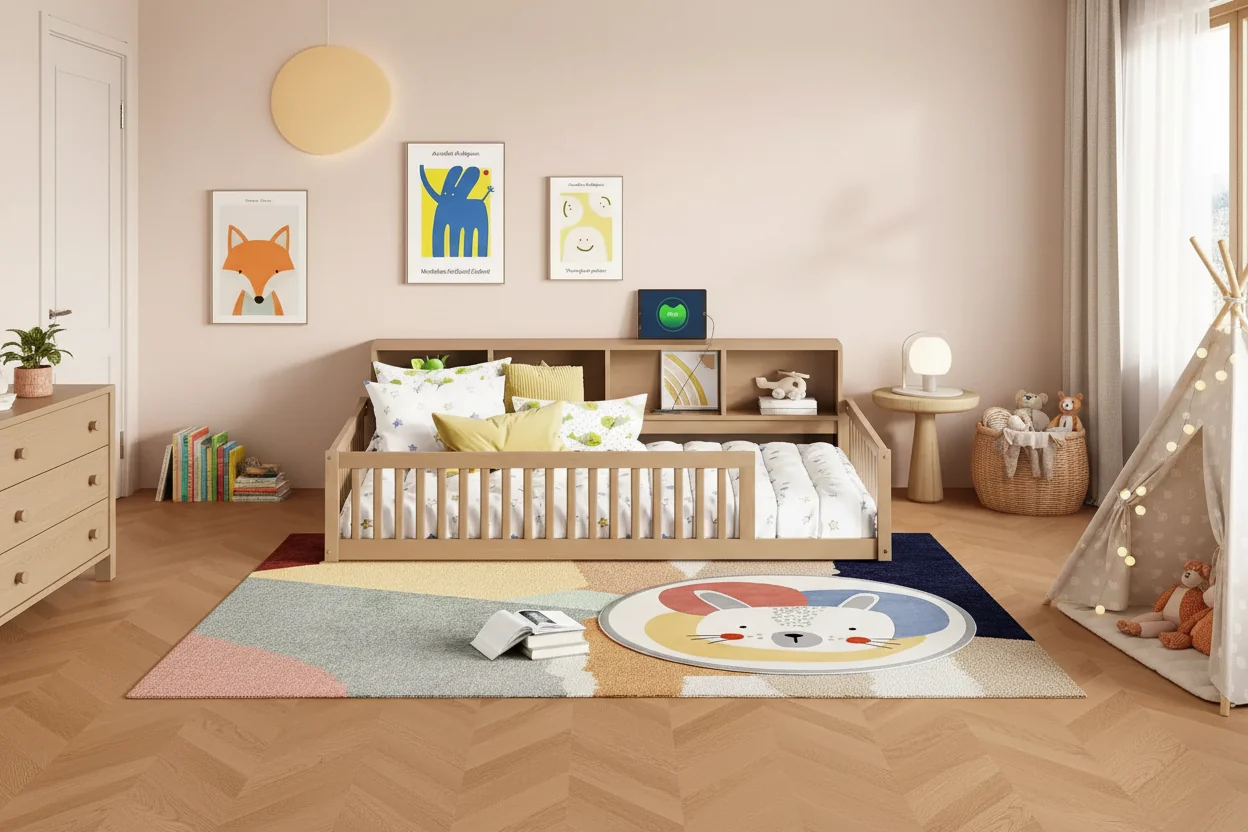 Twin XL Montessori Floor Bed with Storage Cabinets and USB Ports